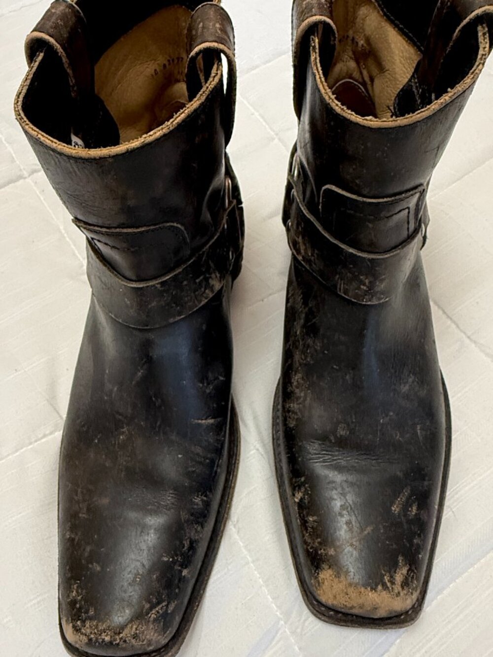 Frye Vintage Black Leather Harness Boots Distressed Square Toe Size 10